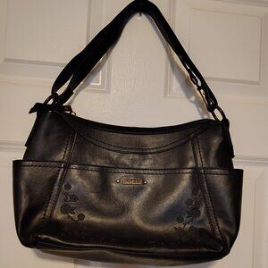 Rosetti Black Faux Leather Baguette Bag w Embroidered Floral Details